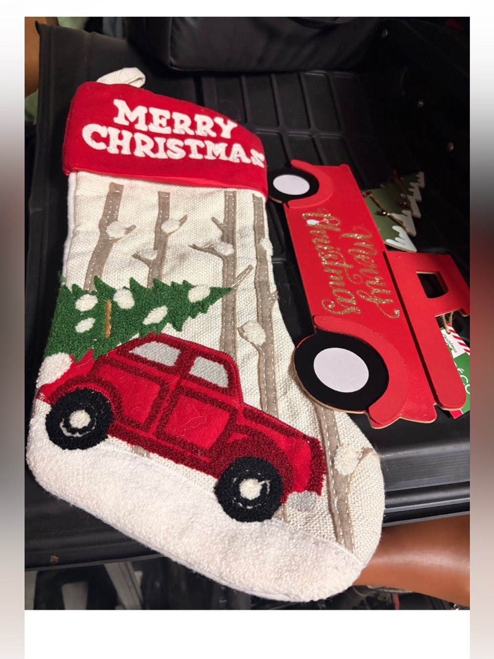 Holiday Red Truck Christmas Stocking & truck - Merry Christmas